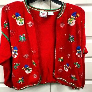 Nutcracker Christmas Snowmen Hand Knit Sweater Embroidery Button Up Large LG